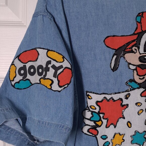 VINTAGE Painter Goofy USED Women's Jersey Shirt (S, Denim, Handmade, Disney) PM - Picture 7 of 11